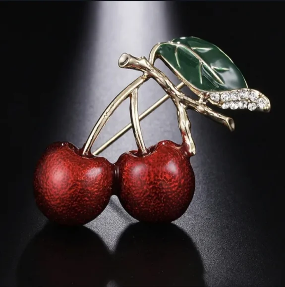 Red Cherry Brooch with Gold and Green - Picture 2 of 3